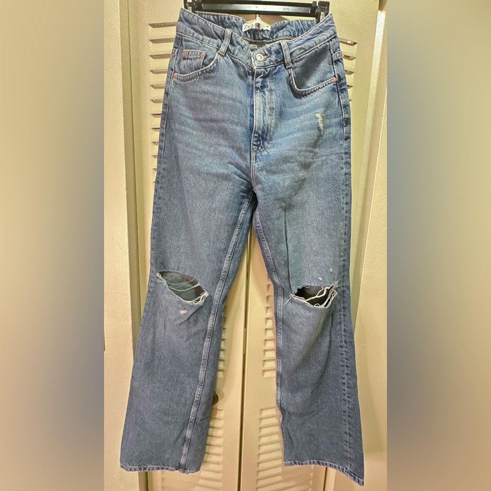 Zara Distressed Light Blue Straight-Leg Jeans